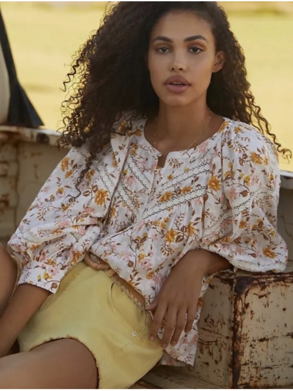 by Anthropologie Harmony Lace Cotton Floral Peasant Blouse
